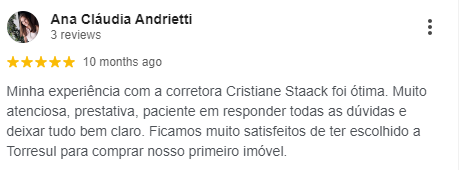 Avaliação no Google Meu Negócio de Ana Cláudia sobre sua experiência com a Torresul Imobiliária na compra de imóveis Minha Casa, Minha Vida